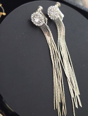 Vintage Silver Tone Tassel Dangle Earrings with Rhinestones Clip On Screw Back